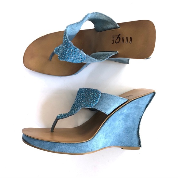 Rouge Helium Blue Suede Mules Thong Wedges - Picture 3 of 8